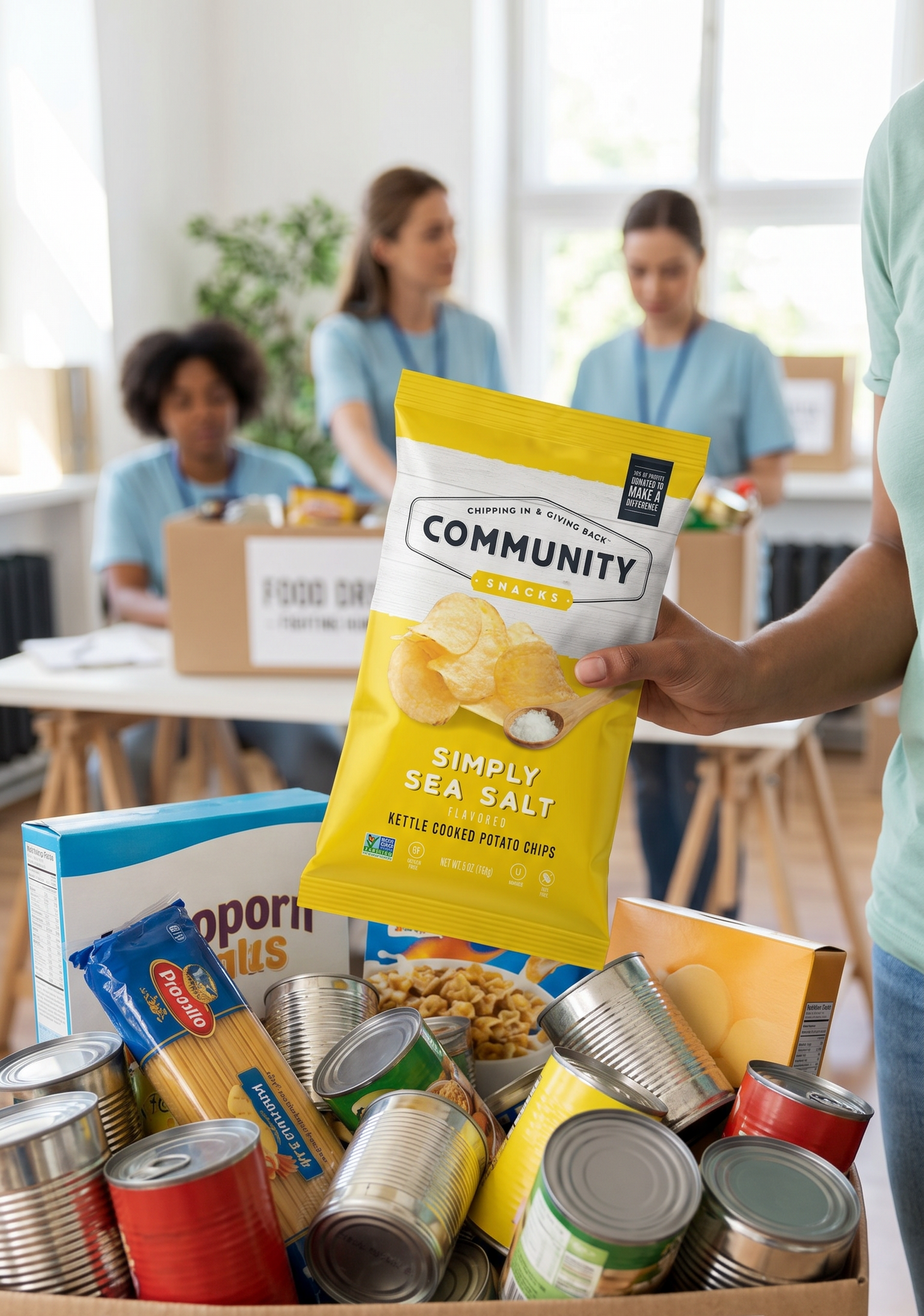 Person holding a bag of Community Food Pantry snacks over a box labeled 'Food Drive Fighting Hunger'.